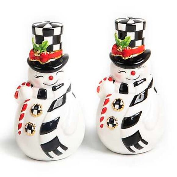MACKENZIE-CHILDS Nostalgia Snowman Salt And Pepper Shakers in White Set NEW